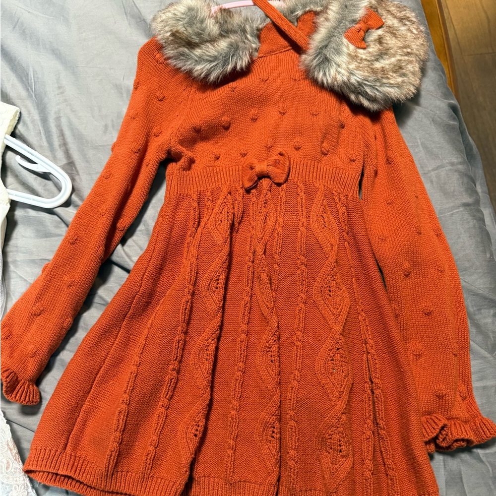 Cozy Orange Knit Dress with Faux Fur Collar